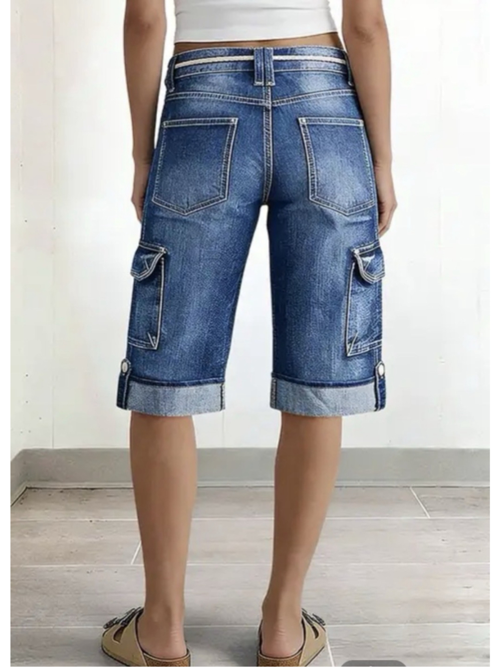 Wash Roll Hem Flap Pocket Belted Mid Rise Denim Bermuda Shorts “2XL - Picture 3 of 13